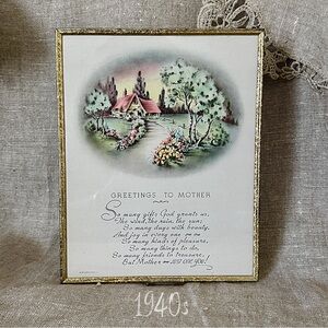 vintage 1940s Greetings to Mother framed poem print